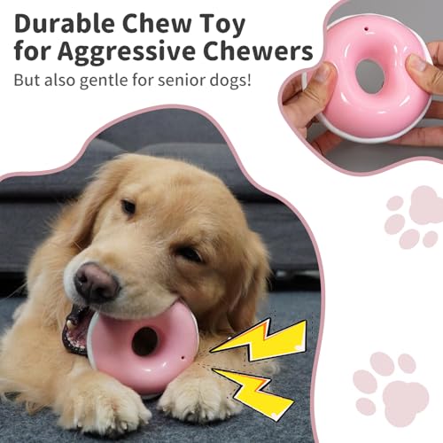 Dog Toys for Aggressive Chewers, Indestructible Squeaky Chew Toy to Keep Them Busy, Interactive Rubber Donut with Milk Flavor & Bounce, Teeth Cleaning for Small Medium Large Breed, Pink - color: Pink