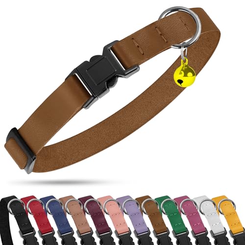 Breakaway Cat Collar with Bell - Leather Adjustable Kitten Collars with Safety Quick Release Buckle - Soft Small Pet Collars for Girl & Boy Cats (Brown) - color: Brown