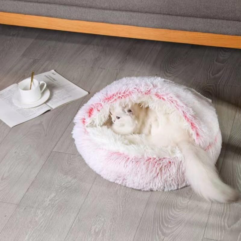 Cat Bed Round Fluffy Hooded Cat Bed Cave, Anti-Anxiety Cave Bed with Hooded Blanket, Cozy Cuddler Luxury Puppy Pet Bed, Anti-Slip Bottom and Machine Washable (Pink, Medium) - color: Pink, size: Medium