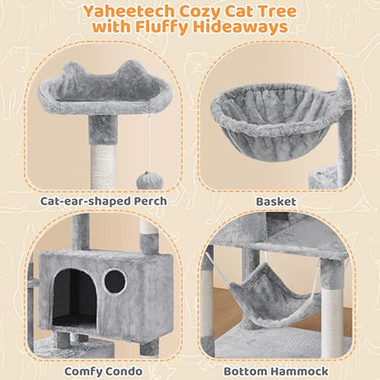 Yaheetech 64.5in Extra Large Multi-Level Cat Tree Kittens Play House Condo with Platform, Perch Hammock & Scratching Posts, Light Gray - color: Light Gray, size: 64.5in