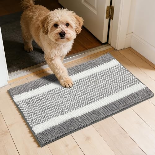 Dog Door Mat for Muddy Paws - Absorbent Quick-Dry Non-Slip Washable Chenille Pet Rug, Indoor Entryway Mat for Front Door & Crate (Gray White, 24" L*16" W) - color: Gray White, size: 30"L*18"W
