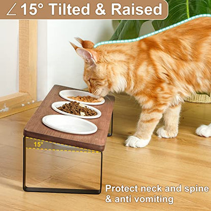 Raised Cat Food Water Bowl Elevated Tilted Kitty Dishes Set of 3 Ceramic Dish for Indoor Cats Orthopedic Pet Food Stand Reduces Vomiting 3 Bowl Cat Feeder Easy Assembly(Brown) - color: Brown