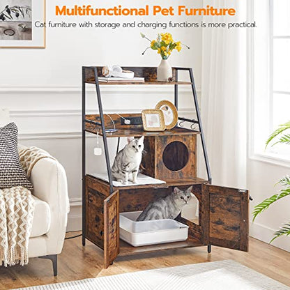 HOOBRO Litter Box Enclosure with 2 Storage Shelves, Tall Litter Box Furniture Hidden with Charging Station, Indoor Hidden Litter Box Furniture with Plush Mat, Rustic Brown and Black BF70UMW01 - color: Rustic Brown + Black