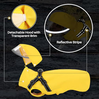 Lukovee Dog Raincoat - Waterproof Rain Jacket with Harness & Removable Hood, Reflective Double Layer Dog Rain Coat Poncho for Small Medium Large Dogs Puppy (XS, Yellow) - size: X-Small