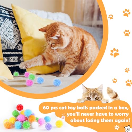 DF DUALFERV 60 Pcs Cat Pom Pom Balls, Interactive Cat Toys, Sparkle Balls for Cats, Extra Large and Fuzzy for Exercise and Entertainment, Multicolor, 1.5 Inch
