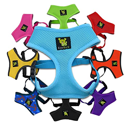 EcoBark Blue Dog Harness - Eco-Friendly Max Comfort Harnesses - Luxurious Soft Mesh Halter - Over The Head Harness Vest- No Pull and No Choke - color: Sky Blue