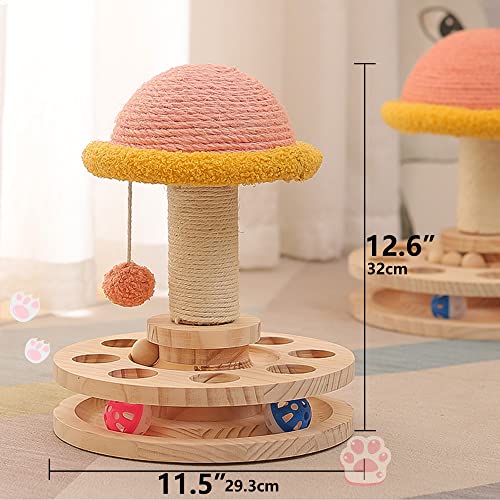 Cat Scratching Post with Hanging Ball,Cat Turntable Ball Toy,Cat Mushroom Sisal Scratcher,Kitten 2 Layer Wooden Track Spinning Balls,Fun Turntable Toy for Indoor Cats Physical Exercise