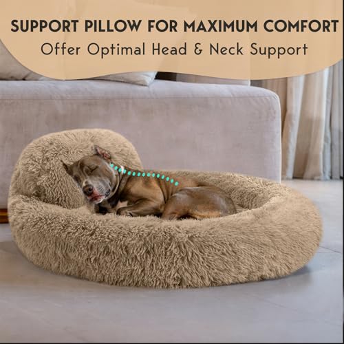 PetJett Large Dog Bed - 36'' Calming Donut Dog Beds, Anti-Slip & Washable Large Round Bed, Fluffy Faux Fur Pet Bed, Super Soft Anti-Anxiety Premium Comfort Bed, Fits Dogs up to 80 lbs - Beige - color: Beige, size: Large - 36”L x 36”W x 8”Th