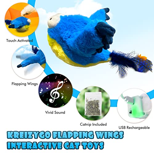 Cat Toys, Flapping Wings Blue-Bird, No Flying, Chirping Bird Interactive Catnip Toy for Kitten or Small Dogs, Touch Activated, Rechargeable - color: Blue Bird