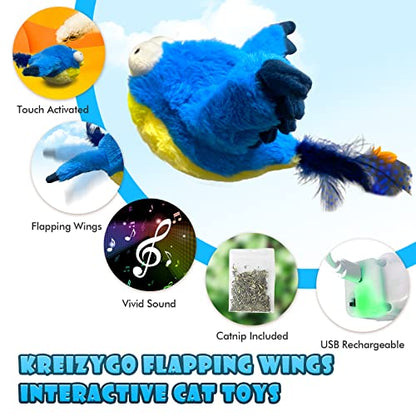 Cat Toys, Flapping Wings Blue-Bird, No Flying, Chirping Bird Interactive Catnip Toy for Kitten or Small Dogs, Touch Activated, Rechargeable - color: Blue Bird
