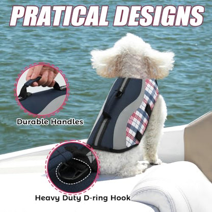 EMUST Dog Life Vests, Adjustable Dog Life Jackets for Small Dogs with Enhanced Buoyancy, Small Swim Vest with Durable Rescue Handle, Navy Check, XS - color: NavyCheck, size: XS