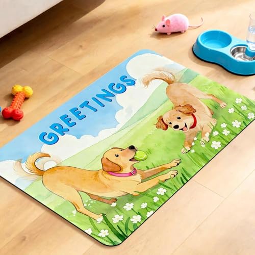Dog Food Mat for Floors Absorbent, Pet Food Mat, Dogs Greetings Quick Dry Dog Bowl Mats for Food and Water, Non-Slip Cat Pet Feeding Mats for Floor Placemats 12"x20" - color: Greetings, size: 20"L x 20"W