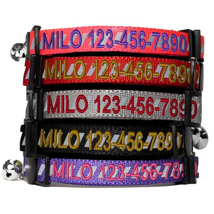 Pawtitas Personalized Cat Collar with Breakaway Safety Release Buckle Adjustable Length | Cat Collar with Custom Embroidered for Your Pet's Name and Phone Number | Grey Cat Collar with Removable Bell - color: Personalized Grey