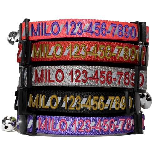 Pawtitas Personalized Pink Reflective Cat Collar – Adjustable Custom Collar with Safety Buckle, Removable Bell, and Engraved Name & Phone Number for Kittens and Adult Cats - color: Personalized Pink
