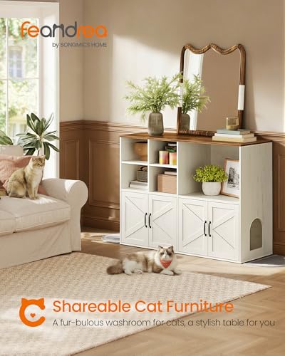 Feandrea Litter Box Enclosure for 2 Cats, Hidden Litter Box Furniture with Storage Cabinet, Double Room, Farmhouse Indoor Cat House Washroom, Honey Brown and Rustic White UPCL032WJ03 - color: Honey Brown + Rustic White, style: Farmhouse