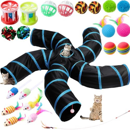 Poen 21 Pcs Cat Tunnel for Indoor Set Collapsible 5 Way Tubes with 20 Pcs Cat Kitten Toys Interactive Feather Toy Mouse Crinkle Balls Tube for Puppy Kitten Rabbit(Blue Black) - color: Blue Black