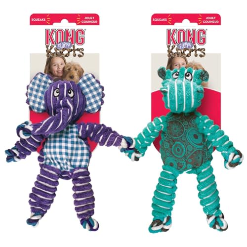 KONG Floppy Knots Combo Dog Toy - Hippo and Elephant Bundle - Interal Knotted Rope with Squeakers and Less Stuffing - Medium/Large