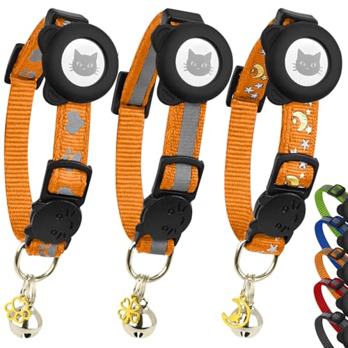 Cat Collar with AirTag Holders, 3-Pack, Reflective Breakaway Safety Collars, Bells and Matching Charms, Adjustable, Paw Hearts, Moon Stars Design, Lucky Charm, Red, Blue, Black (Orange) - color: Orange