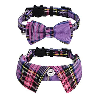 Faleela 2 Pack/Set Cat Collar with Cute Bow Tie and Bell,Breakaway Plaid Shirt Collar for Kitty Adjustable Safety - color: 2023new-Purple