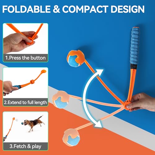 ALL FOR PAWS 25“Dog Ball Launcher, Foldable Tennis Ball Thrower with Soft and Comfortable Tennis Racket-Like Handle Grip, 2.5 inch Ball Included