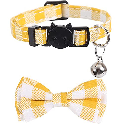 2 Pack/Set Cat Collar Breakaway with Cute Bow Tie and Bell Plaid Flower for Kitty Adjustable Safety - color: Yellow