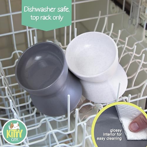 Kitty City Elevated Cat Bowls (Set of 2), Whisker-Friendly Raised Cat Food & Water Dishes, Modern Pedestal Design, Dishwasher Safe, 10.8 oz Each – White & Gray - color: White & Gray, style: Large