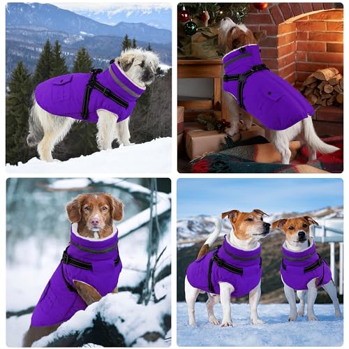 Dog Coat with Harness, Waterproof Warm Dog Winter Jacket with Pockets, Reflective Pet Fleece Jacket Turtleneck Snowsuit for Small Medium Large Dogs - Purple, 3XL - color: Purple, size: XXX-Large(Chest:42.9" Back:26.8" Neck:26.8")