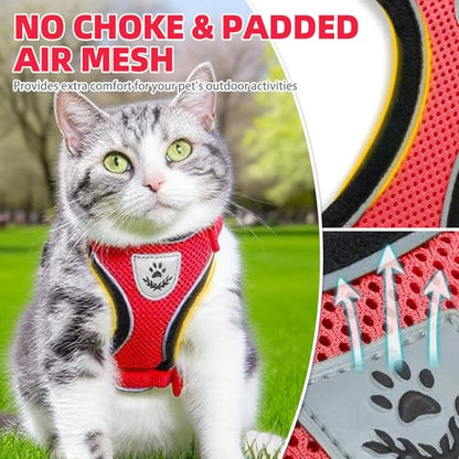PUPTECK Cat Harness and Leash Set Escape Proof Reflective Cat Walking Harness Adjustable Soft Breathable Mesh Vest for Small Pets, Red, S - color: Red, size: S (NECK 9.5"-11", CHEST 13"-16")