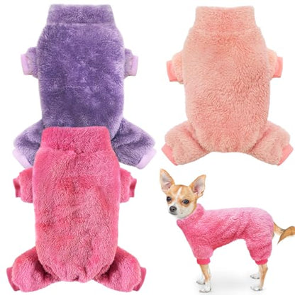 Idepet 3 Pack Fuzzy Velvet Dog Pajamas, Plush Dog Sweater Onesie Soft Pet Clothes Winter Outfit Doggy Pjs Puppy Jumpsuit, Cat Coat, Small - color: Pink+Purple+RoseRed, size: Small