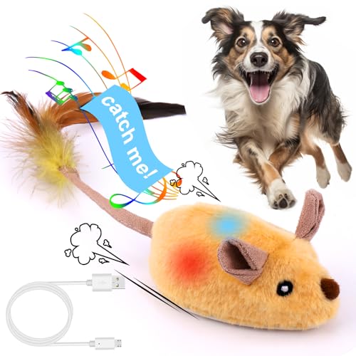 BABORUI Interactive Dog Toys Mouse, Escaping Mice Squeaky Dog Toys with Lights & Auto-Turn, Rechargeable Moving Dog Toy for Small/Medium/Large Dogs & Cats (Yellow) - color: Yellow