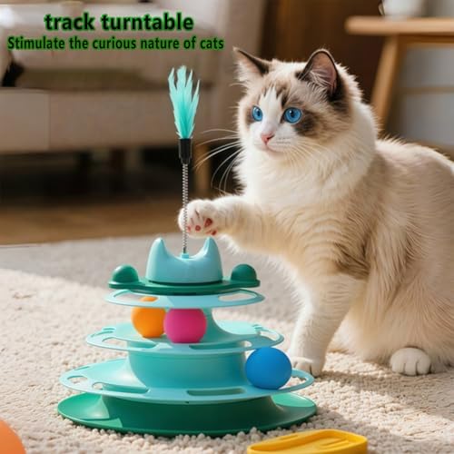 Cat Ball Track Toys, Creative Feather Toy, consisting of 3 Balls and a Feather Stick, Tower-Shaped cat Intelligence Toy, Suitable for Chasing Games with Kittens. (Blue) - color: Blue