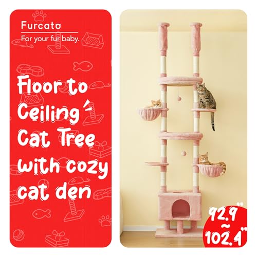 Pink Cat Tree, Floor to Ceiling Cat Tower Adjustable Height [92.9-102.4 in=235-258cm], 7 Tiers Cat Climbing Play House with Scratching Post, Cozy Condo & Hammocks for Indoor Cats - color: Pink