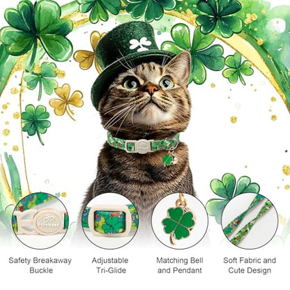 2 Pack St. Patrick’s Day Cat Collars - Breakaway Cat Collar with Bell, Green Clover Pendant, Adjustable Cute Kitten Collars for Boy Girl Cats, Beer&Flower Irish Shamrock - color: Beer&Flower Clover