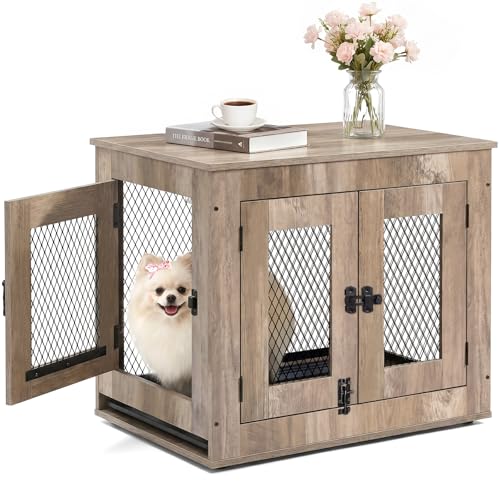 Agitree Wooden Dog Crate Furniture - Wire Mesh Door Decorative Dog Kennel End Table for Puppies, Cats, Rabbits - Indoor Use for Living Room, Bedroom(Gray) 25.59×18.58×21.61 inches