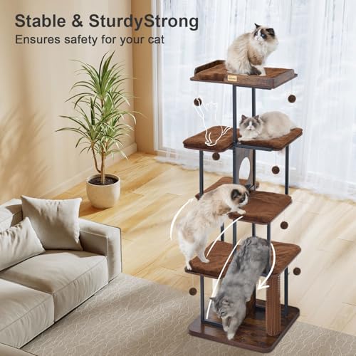 FourFurPets Extra Large Cat Tree, 66.4" XXL Cat Tower for Indoor Cats Large Adult 20lb+, Modern Cat Tree Tower with Scratching Post, Multi-Level Cat Condo, Big Perches, Rustic Brown