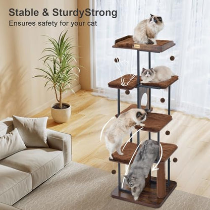 FourFurPets Extra Large Cat Tree, 66.4" XXL Cat Tower for Indoor Cats Large Adult 20lb+, Modern Cat Tree Tower with Scratching Post, Multi-Level Cat Condo, Big Perches, Rustic Brown