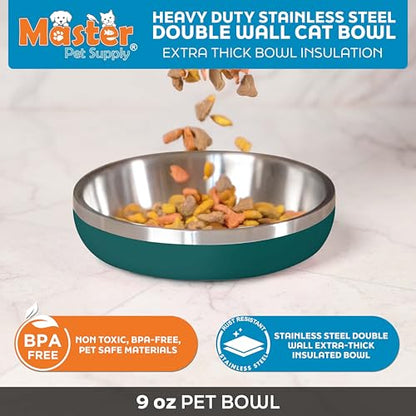 Master Pet Supply Stainless Steel Cat Bowls - 9 oz Heavy Duty - Emerald Sea, Double Wall Extra-Thick Insulated, Non-Slip Pet Water Bowl for Cats & Pets, Anti Rust Metal, Dishwasher Safe - color: Emerald Sea