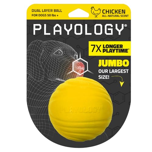 Playology Dog Toys | Dual Layer Ball Durable Chew Toy for Tough Chewers | Chicken Scented Jumbo Dog Toy | Chew Toys for Large Dogs - size: Jumbo, style: Chicken