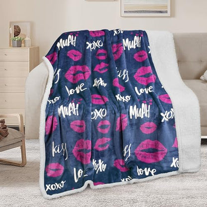 Catalonia Lips Print Sherpa Fleece Throw Blanket, Soft Mink Plush Couch Blanket, Fuzzy Fluffy Comfy Warm Throws, Comfort Caring Gift, 50x60 inches - color: Kiss Blue, size: 50"x60"