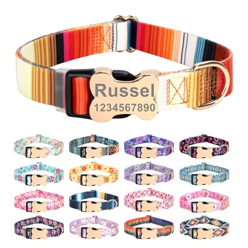 Personalized Custom Customized Silent No Jingle Dog Collar with Engraved ID Dog Name Phone Number/Dog Collars for Puppy X-Small Small Medium Large X-Large Boy Girl Dogs-Orange Stripe-XS - color: 9 Orange Stripe, size: X-Small (0.6" *7.8"-11.8")