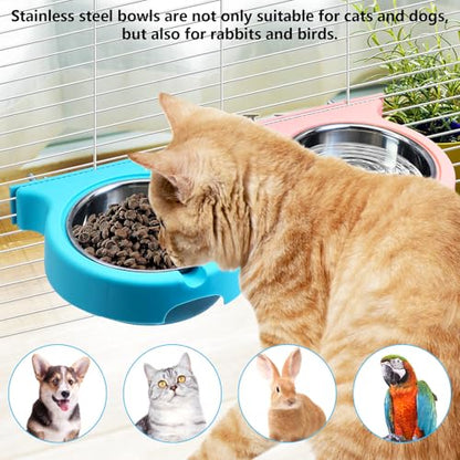 kathson Crate Dog Bowl, Removable Stainless Steel Hanging Pet Cage Bowl Food & Water Feeder Coop Cup for Cat, Puppy, Birds, Rats, Guinea Pigs (2pcs, Pink and Blue) - color: Pink, Blue, size: 2 PCS