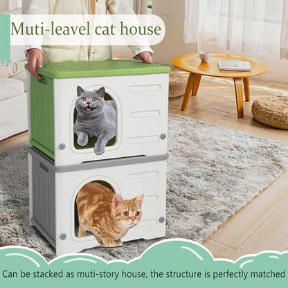 Plastic Cat House Outdoor & Indoor, Feral Cat Houses Waterproof Outdoor Cat House for Feral Cats, Outside Cat Shelter for Small Pet, Assemble and Clean Easily-Grey - style: Small