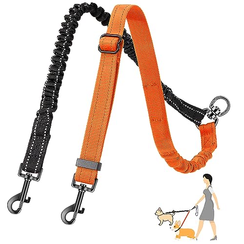 AUTOWT Two Dog Lead, 2 in 1 Upgraded Double Dog Leash Attachment Combine Adjustable Strap and Shock Absorbing Bungee No Tangle Dual Training Splitter for Different Size Dogs - color: Orange - Small