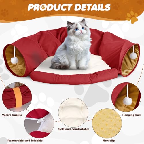 Spardar Bunny Tunnel Bed, 2-in-1 Collapsible Tunnel Tubes Toys, Washable, with Removable Mat Hideout, Interactive Toys for Rabbits Chinchilla Hedgehog Guinea Pigs Kitty, Red - color: Red
