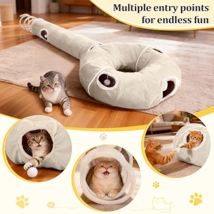 Ownpets 2-in-1 Cat Tunnel, Large Lollipop Shape Cat Tunnel Toy with Fluffy Balls, Spiral Toy, Plush Collapsible Cat Cave Hideout Donut Tunnel for Multi Kitten Puppy Rabbit (Beige) - color: Beige