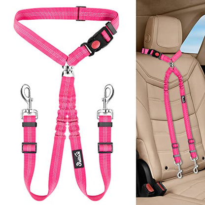 Lukovee Double Dog Seat Belt, New Dual Pet Car Headrest Restraint Safety Seatbelt No Tangle Dog Leash Duty Adjust Elastic Bungee Puppy Lead Splitter Connect Harness in Vehicle Travel for 2 Dogs (FL) - color: Fluorescent Pink