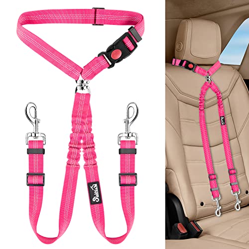 Lukovee Double Dog Seat Belt, New Dual Pet Car Headrest Restraint Safety Seatbelt No Tangle Dog Leash Duty Adjust Elastic Bungee Puppy Lead Splitter Connect Harness in Vehicle Travel for 2 Dogs (FL) - color: Fluorescent Pink