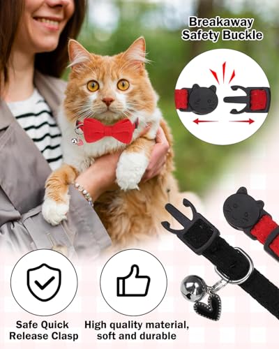 Cat Collar Breakaway with Bells, Soft Cotton Red Cat Bowtie Collar for Girl Cats, Small Cats Collar with Bow for Spring Summer, 2 Pack Cute Kitten Collars with Removable Bowtie 8-12Inch - color: Black + Red