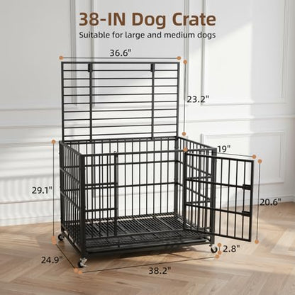 VOWNER 38 inch Heavy Duty Indestructible Dog Crate, Escape-Proof Dog Crate Cage Kennel with 4 Lockable Wheels, High Anxiety Dog Crate with Double Door and Removable Tray Design, for Large Dogs - size: 38.2"L x 24.9"W x 29.1"H