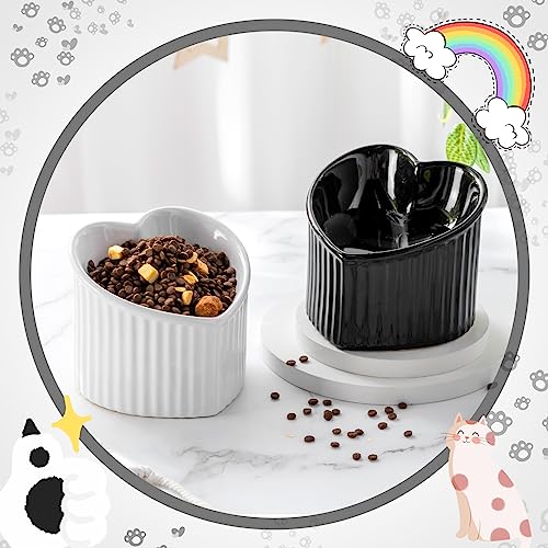 Mumufy 2 Pcs Ceramic Elevated Cat Bowls Tilted Elevated Raised Pet Bowls Anti Vomit Cat Dish for Indoor Stress Free Water Dish Feeder for Puppies, Heart Shaped(Pearly White, Black) - color: Pearly White, Black